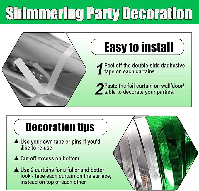 3 Pack Silver Green Foil Fringe Curtain Backdrop, 3.28Ft x 8.2Ft Metallic Tinsel Foil Fringe Streamer Curtains for Photo Booth, Mother's Day, Easter, Birthday, Wedding Party Decorations