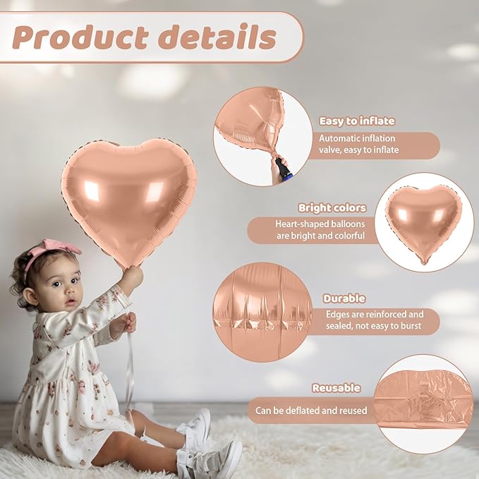Rose Gold Heart Balloons, Heart Shaped Ballons, 20 Pcs 5/10/18 inch Rose Gold Foil Love Balloons for Valentine's Day Decorations Wedding Engagement Bridal Showers Anniversary Celebrations