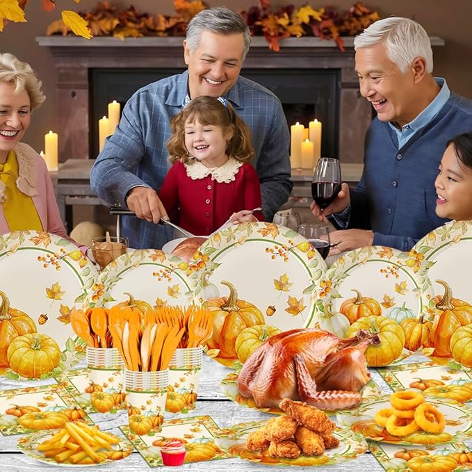 140Pcs Fall Party Supplies Tableware Set Retro Pumpkin Plates and Napkins, Thanksgiving Party Decorations Pumpkin Maple Leaf Paper Plates, Autumn Birthday Party Decor, Serve for 20 Guest