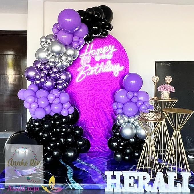 50pcs Purple & Black Balloons - 12in Metallic Silver, Black with Ribbons & Confetti for Halloween, Birthdays, Anniversaries & Graduations