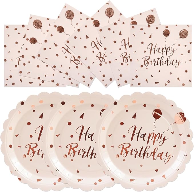 50PCS Happy Birthday Paper Plates and Napkins Set - 7 Inch Pink Rose Gold Birthday Cake Plates Scalloped Dessert Plate Disposable Tableware for Birthday's Party Supplies Decorations