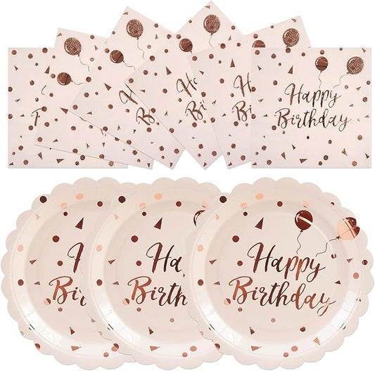 50PCS Happy Birthday Paper Plates and Napkins Set - 7 Inch Pink Rose Gold Birthday Cake Plates Scalloped Dessert Plate Disposable Tableware for Birthday's Party Supplies Decorations