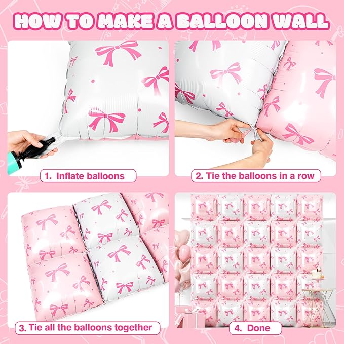 NISOCY 25PCS White Pink Bow Square Foil Balloons Wall Backdrop Double Sided White Coquette Pink Bow Balloons Tunnel for Birthday Wedding Valentines Bachelorette Bridal Baby Shower Party Decorations