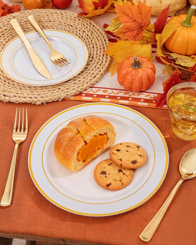 bUCLA 300PCS Gold Disposable Dinnerware Set - White and Gold Plastic Plates - Include 50 Each (Dinner&Dessert) Plates,50 Knives,50 Forks,50 Spoons,50 Cups for Party & Thanksgiving Table Decor