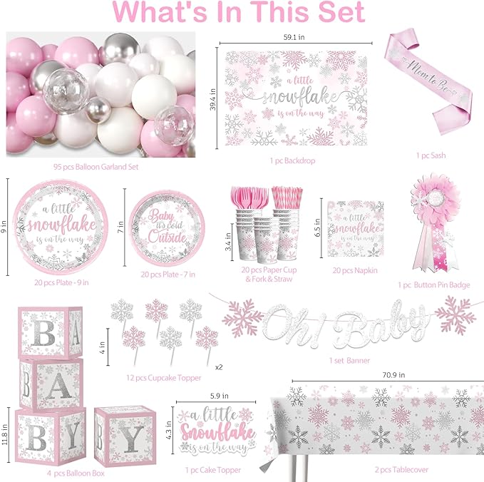 227pcs Winter Baby Shower Decorations, All-in-one Winter Supplies Pack Includes 20 Tableware, Pink A Little Snowflake Is on The Way Backdrop Tablecloth, Baby Its Cold Outside Baby Shower Decorations