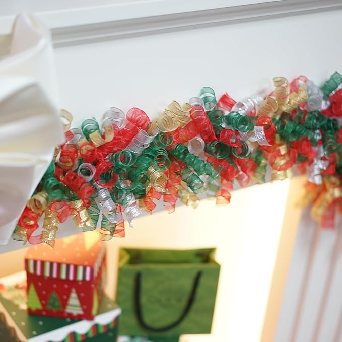 12PCS Gold Curly Ribbon Bows Gift Wrapping self-Adhesive Thanksgiving, Christmas, New Year, Birthday, Presents, Treat Bags, Crafts, Wine Bottles Baskets Shower Favors, Wedding Decor (red green silver)