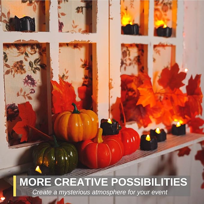 Homemory 24-Pack Halloween Black Dripping Flameless Tea Lights, Battery Operated Flickering LED Candles, Safe for Pumpkins, Party & Holiday Decor, 1.58" D x 1.2" H, Warm White Glow