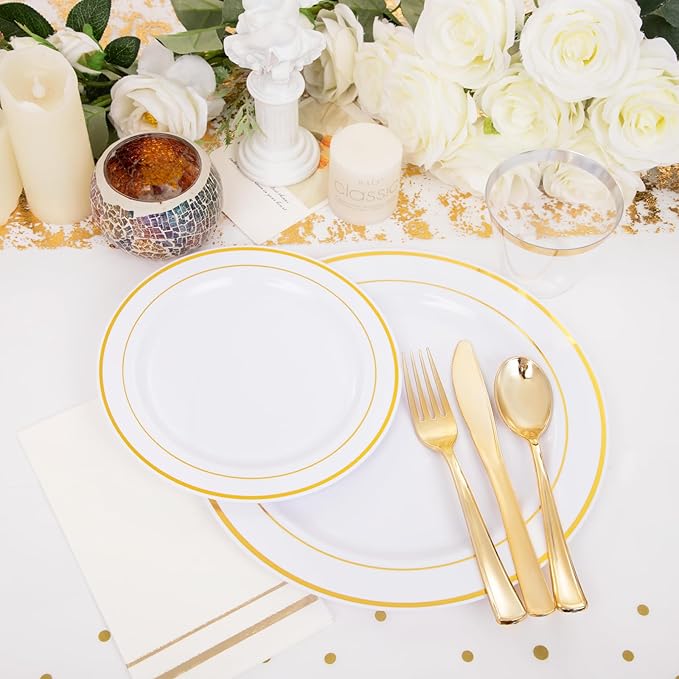 GATHER 176 Pieces Gold Dinnerware Disposable - White and Gold Plastic Plates Includes 50 Plates, 25 Plastic Silverware, 25 Napkins, 25 Cups and 1 Tablecloth for Wedding Party Christmas