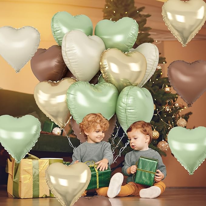 Green Gold Brown Heart Balloons, 12Pcs Retro Green Pastel Gold Beige Coffee Heart Shape Foil Balloons Olive Neutral Tan Cream Balloon for Boho Woodland Birthday Camo Army Hunting Baby Shower