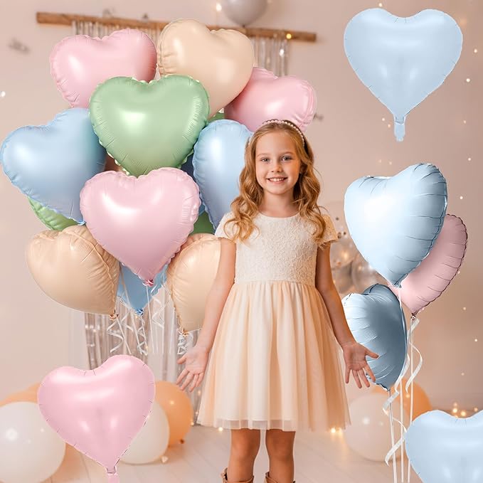 Pink Blue Green Heart Balloons, 10 Pcs Pastel Heart Shaped Balloon, 18 Inch Baby Pink Blue Sage Green Foil Balloons for Boho Garden Wildflower Brithday Baby Shower Valentines Tea Party Decoration