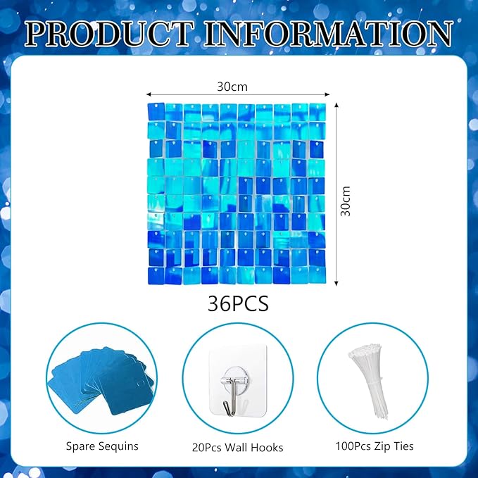 36 PCS Colorful Sky Blue Shimmer Wall Backdrop, Square Sequin Photo Backdrops Panel, Glitter Wall Background for Birthdays, Weddings, Engagements, Disco Bachelorette Party Decoration (6x6FT)