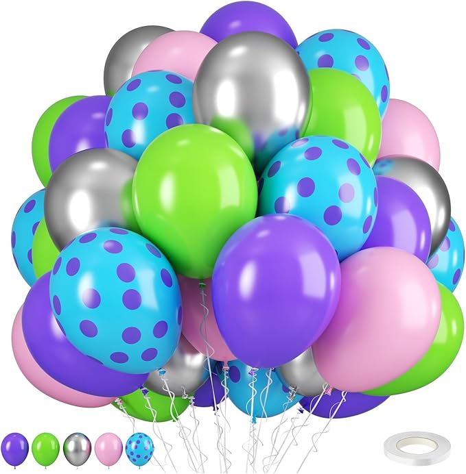 Pink Blue Purple Balloons, Pack of 50 12 inch Balloon with Metallic Silver Purple Teal Green Balloons for Magic Theme Birthday Baby Shower Party Decorations Supplies