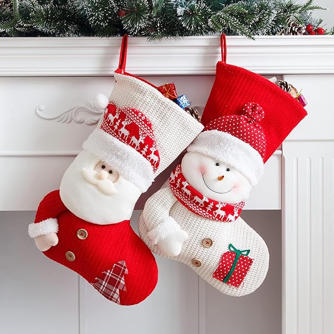 2 Pack Christmas Stockings, Large Stockings, Personalized Knitted 3D Pattern Santa Snowman Socks, Eve Candy Stocking Bag for for Holiday Xmas Party Decoration (Style 2, Santa Snowman)