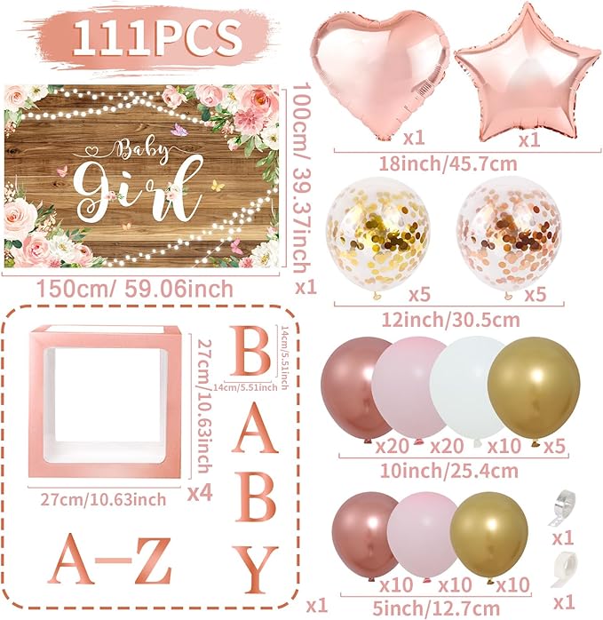 Rose Gold Retro Blush Pink Balloon Arch Garland Kit with Baby Balloon Boxes and Letters, Girl Birthday Backdrop for Butterfly Shower Decor