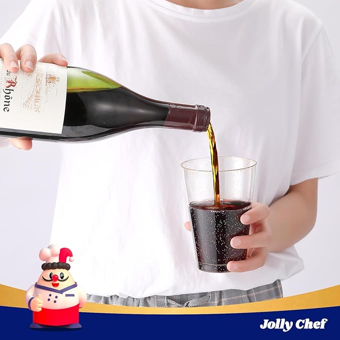 JOLLY CHEF 14 oz 200 Pack Gold Plastic Cups, Gold Glitter Heavy-Duty Disposable Cups Party Cups Tumblers, Ideal for Thanksgiving Wedding & Party