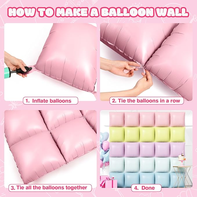 NISOCY 25PCS Pastel Square Foil Balloons Wall Backdrop Double Sided Multicolor Macaron Balloon Tunnel Arch Kit for Birthday Baby Bridal Shower Gender Reveal Easter Wedding Party Decorations