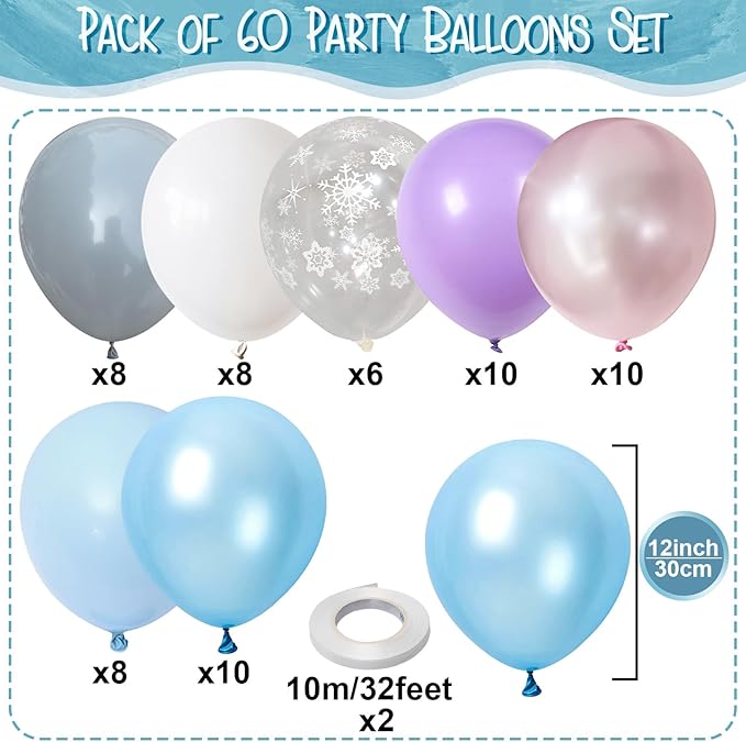 Purple Blue Snowflake Balloons Pastel Light Blue Purple White Balloons Pearl Winter Snow Wonderland Balloon Set for Girls Princess Mermaid Ice Birthday Christmas Baby Shower Wedding Party Decorations