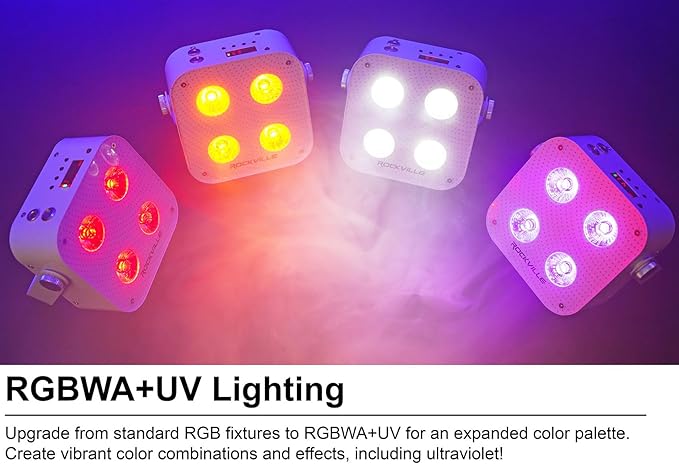 Rockville Mini IR4 White LED Wash Light, RGBWA+UV, Compact, App Control, LCD, Wireless DMX, Remote, Rechargeable, Perfect for DJ & Event Lighting