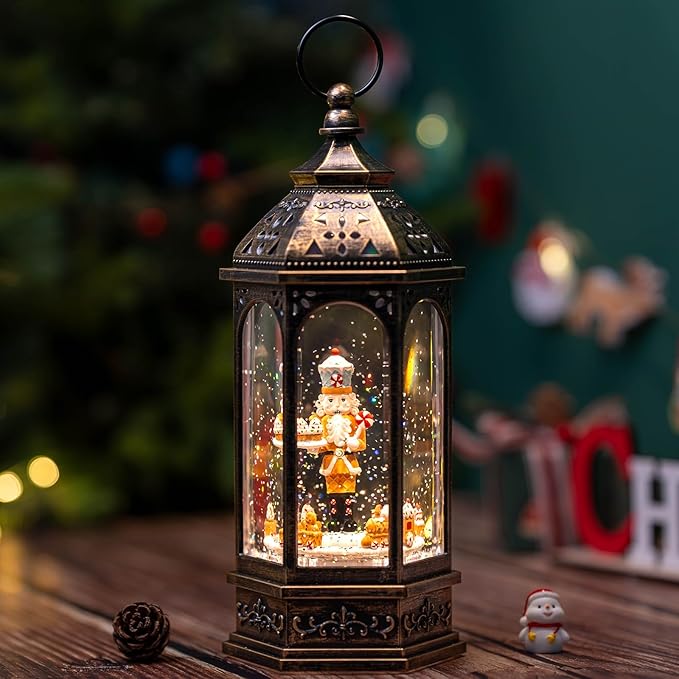 12.8'' Christmas Gingerbread Nutcracker Snow Globe Lantern, Lighted Animated Rotating Train with Musics Swirling Glitter Water Lantern Decoration for Home