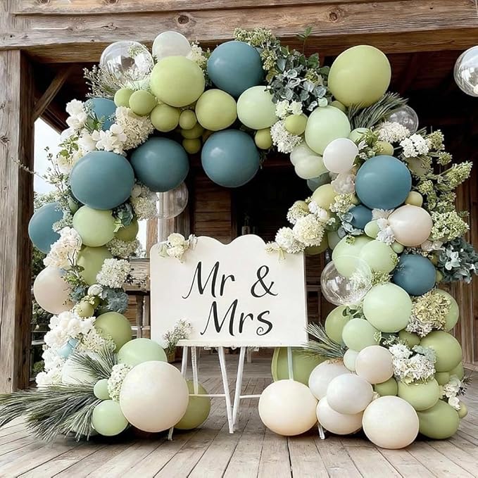 Blue Green Balloon Arch Kit Double Stuffed, Dusty Mint Green Slate Blue White Pastel Olive Balloon Garland with Clear Bobo for Neutral Baby Shower Bridal Wedding Birthday Winter Party Decoration