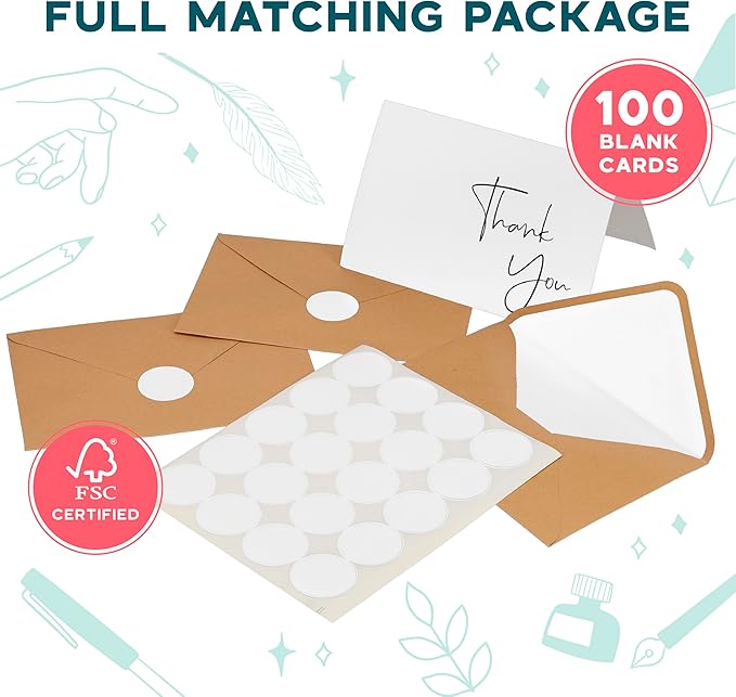 VNS Creations Thank You Cards With Envelopes Bulk Set & Stickers - 100 Pack 4x6 Blank Thank You Notes Bulk Box Set - Large Note Card Small Business, Wedding, Baby Shower & Bridal Shower - White