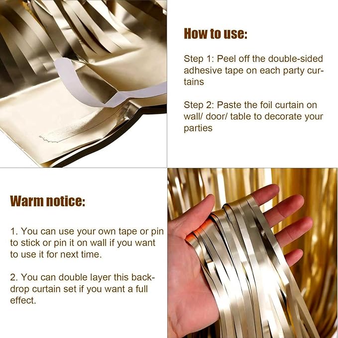 4 Pack Champagne Gold Foil Fringe Curtain Backdrop, 3.28Ft x 8.2Ft Metallic Tinsel Streamer Curtains for Party, Photo Booth Props, Birthday, Graduation Decoration Party Supplies