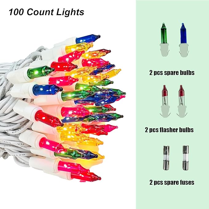 Christmas Lights 100 Counts, Indoor Outdoor,Green Wire Connectable of Lighting String Warm White,Decorations for Holiday, Party,Festival,Christmas String Lights (White-Multi)