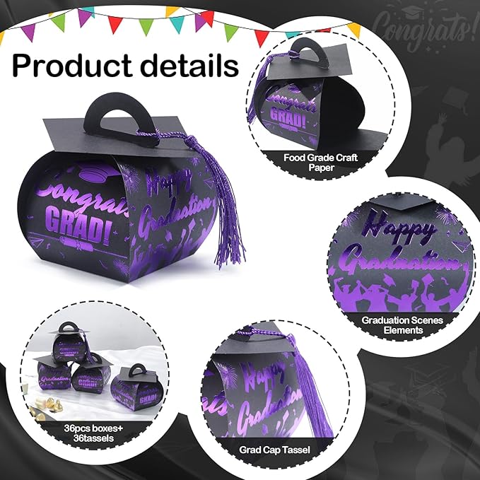 COTOPHER 36 Pcs Graduation Cap Gift Boxes with Tassel, Class of 2025 Graduation Candy Boxes Centerpieces for Tables Party Decorations, Mini Treat Chocolate Box Graduate Favors Supplies