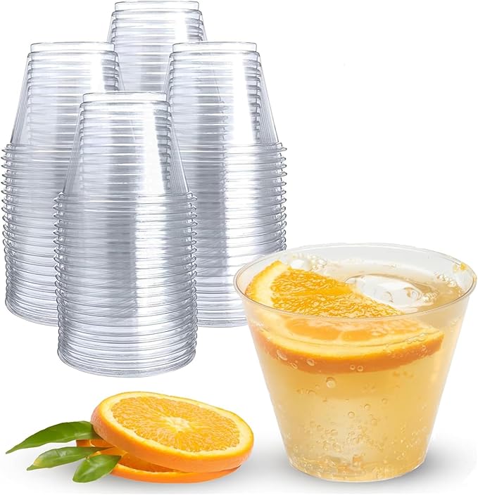Prestee 50 Pack Plastic Cups - 9 oz Clear Disposable Cups for Cold Beverages, Cocktails, and Desserts - Durable Little Small Cup for Wine, Smoothies, Parties, Events, Catering, and Everyday Gatherings