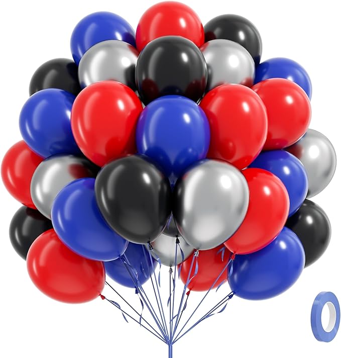 60pcs Spider Theme Balloons, Black Silver Red and Blue Balloons for Baby Shower Spider Theme Birthday Party Decorations