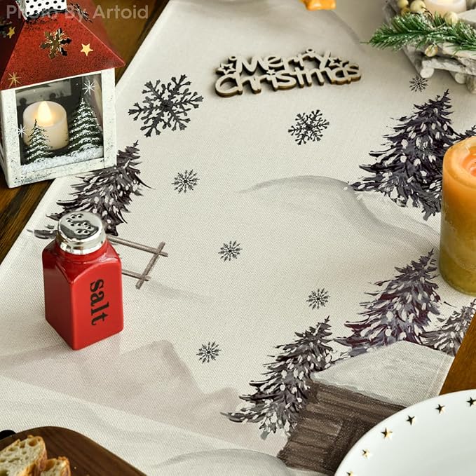 Artoid Mode Xmas Trees Let It Snow Black Snowman Christmas Table Runner, Seasonal Winter Holiday Kitchen Dining Table Decoration for Home Party Decor 13x36 Inch