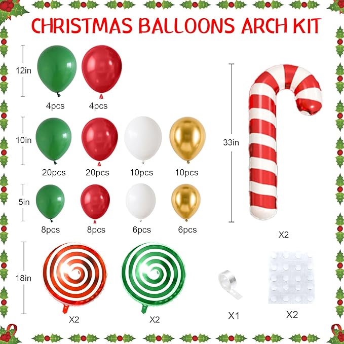 FunHot Christmas Balloons Arch Kit, Xmas Red Green Balloons Garland Kit, White Metallic Gold Latex Balloons Green Red Candy Cane Lollipop Foil Balloon for New Year Holiday Christmas Party Decorations