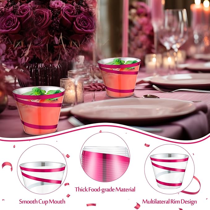 Gejoy 9 oz Rimmed Swirl Plastic Cups Disposable Wine Drinking Cups Clear Elegant Halloween Tumblers for Christmas Party Supplies(Hot Pink,100 Pcs)