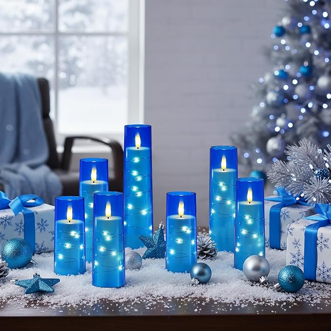 Raycare Flameless Candle with Remote Timer – 9 Flickering Acrylic Battery Operated LED Pillar Candles with Embedded Star String for Christmas, Home Decor, and as a Gift (Blue)