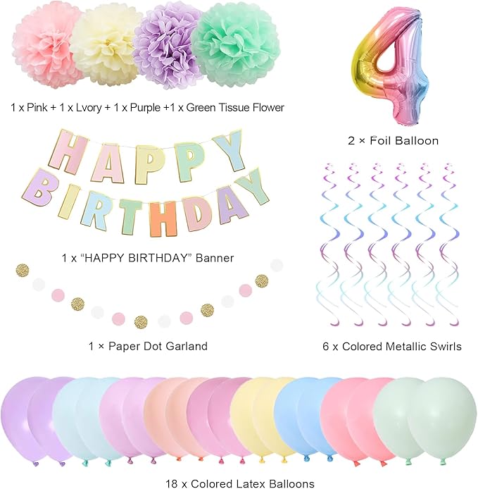 BRT Bearingshui 4th Birthday Decorations - 40 Inch Rainbow Gradient Number 4 Balloon, Happy Birthday Banner, Children's Party Supplies for Kids