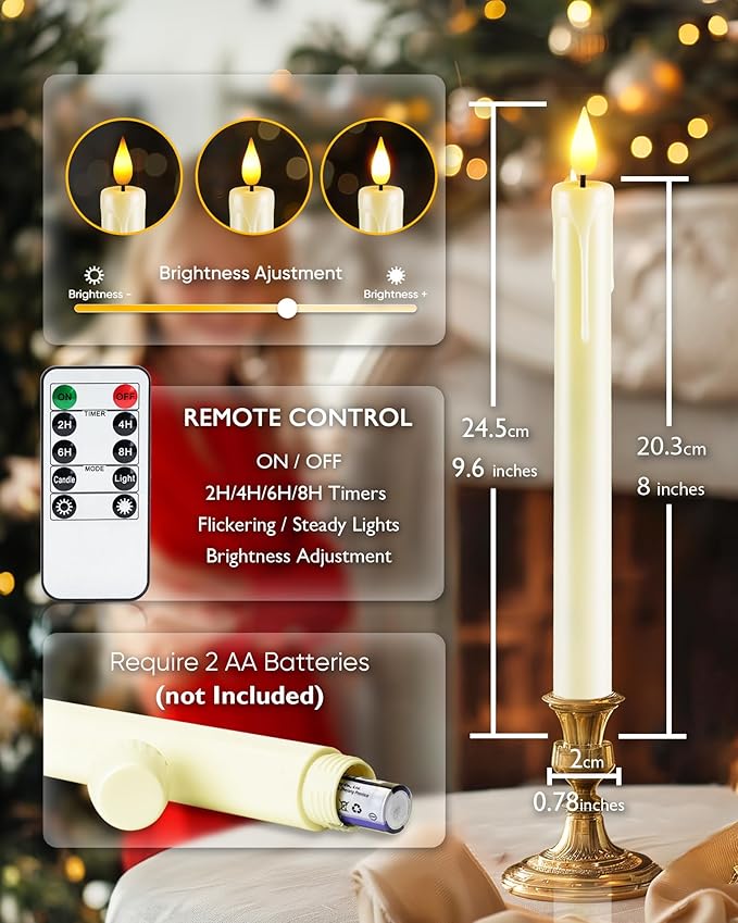 Homemory 12 Pcs Plastic Flameless Taper Candles with Remote Timer Dimmer, Ivory Led Candlesticks with Flickering Flame Light, Lifelike Taper Candles Battery Operated for Indoor Decoration 9.6 Inches