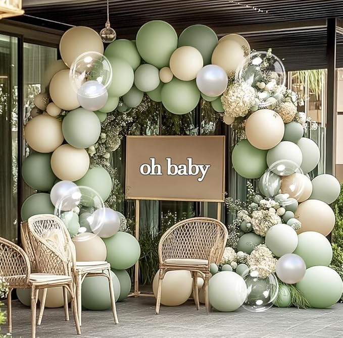 Dusty Green White Balloon Arch Double Stuffed Light Sage Green White Sand Pearl Balloon Garland Kit Olive Beige Cream Balloons for Baby Shower Birthday Bridal Wedding Woodland Wild One Party Decor
