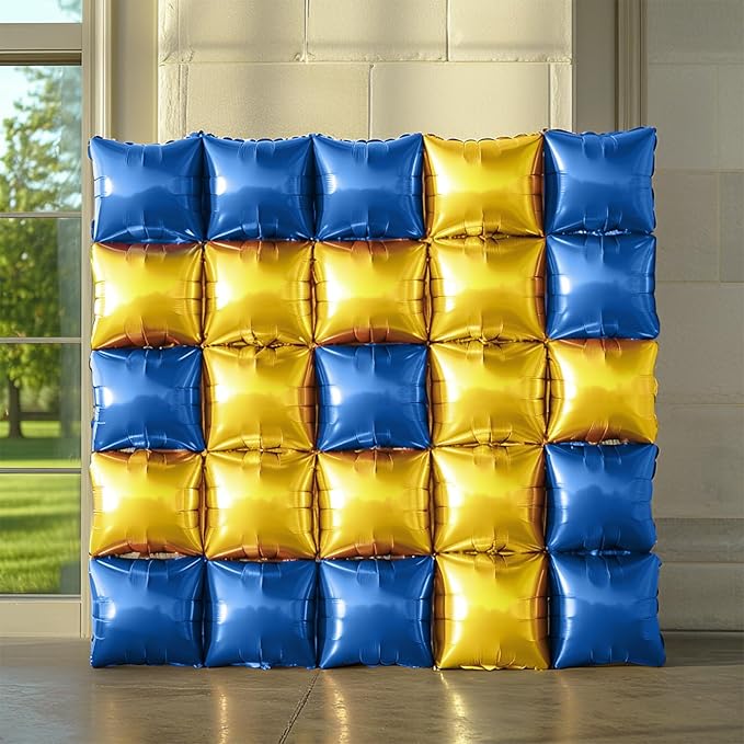 NISOCY 25PCS Blue Gold Square Foil Balloons Wall Backdrop Double Sided Deep Blue Gold Balloons Arch Kit for Birthday Graduation Baby Shower Wedding Anniversary Party Decorations