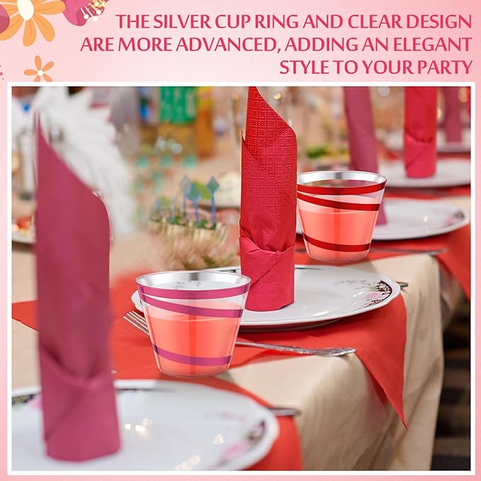 Gejoy 9 oz Rimmed Swirl Plastic Cups Disposable Wine Drinking Cups Clear Elegant Halloween Tumblers for Christmas Party Supplies(Red, Pink,100 Pcs)