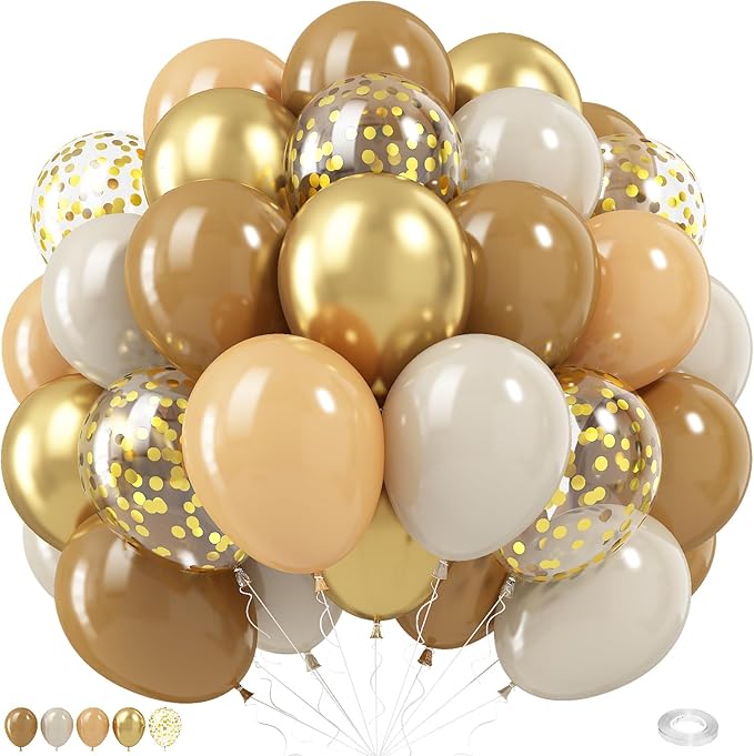 Brown and Gold Balloons, 60PCS 12 Inch Brown Sand White and Nude Balloon Set with Metallic Gold Confetti Balloons, Latex Helium Balloon for Birthday Wedding Graduation Anniversary Party Decorations