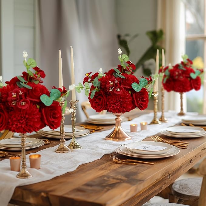 Artificial Flower Ball 10pcs Wedding Centerpieces Table Decorations Faux Red Rose Silk Floral Half Ball with Plastic Base for Party Home Room Event Table Arrangement (10, Red)