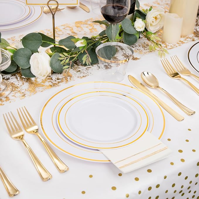 GATHER 176 Pieces Gold Dinnerware Disposable - White and Gold Plastic Plates Includes 50 Plates, 25 Plastic Silverware, 25 Napkins, 25 Cups and 1 Tablecloth for Wedding Party Christmas