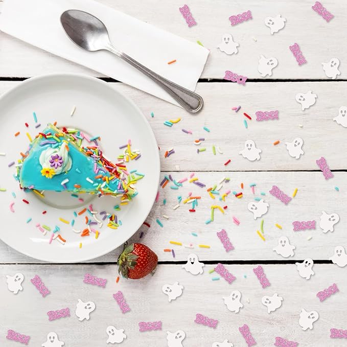 120pcs Baby Boo Confetti, Ghost Paper Scatter, White&Pink Glitter Little Boo Table Scatter for Girl, Halloween Theme Baby Shower/First Birthday Party Decoration