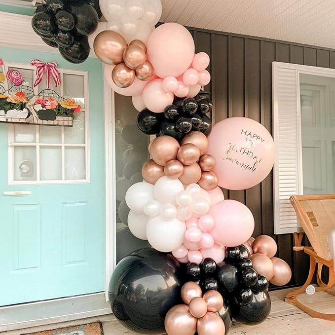 60 PCS Black and Pink Balloons, Retro Dusty Pink Ivory Sand White Black Latex Balloons with Metallic Champagne Gold Boho Party Balloon for Women Girls Birthday Baby Shower Wedding Party Decorations