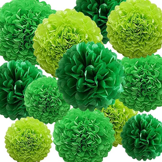 12Pcs Green Hanging Tissue Paper Pom Poms,Pompoms Flowers for St. Patrick's Day,Baby Shower,Birthday GraduationParty Decorations