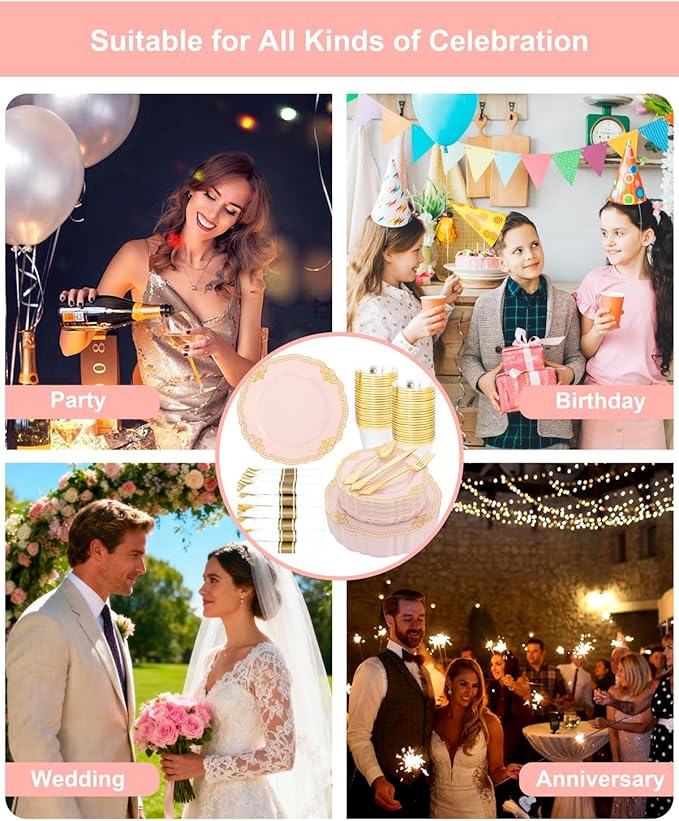 Ciaell 350 PCS Pink Plastic Plates - Pink and Gold Disposable Plates Include 50 Disposable Plate, 150 Heavy Duty Silverware, 50 Cups, 50 Napkins for Wedding & Party & Anniversary