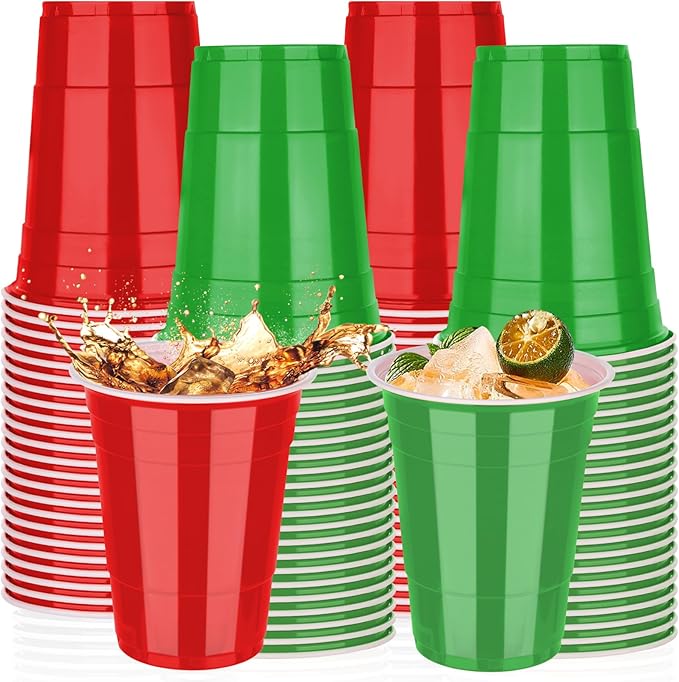 KesaPlan 100 PCS 16 OZ Plastic Cups, Christmas Party Cups Red and Green Cups Disposable Cups Bulk for Party Graduation Thanksgiving Wedding Birthday Halloween Family Gatherings Festive Celebrations
