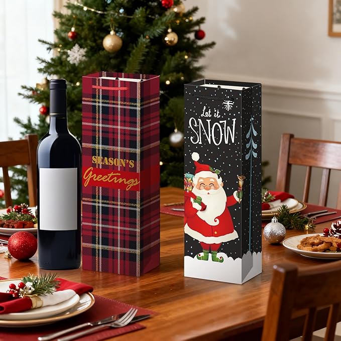 Xylitic 10Pack Christmas Wine Bags with Handles, 14” x 4.7” x 3.5” Christmas Wine Gift Bags for Xmas Holiday Winter and Drinkers Gift Party Favors Supplies.
