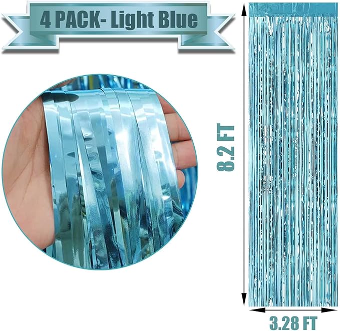4 Pack Light Blue Foil Fringe Curtain Backdrop, 3.28Ft x 8.2Ft Metallic Tinsel Foil Fringe Streamer Curtains for Photo Booth Props, Birthday, Wedding, Christmas Decoration Party Supplies New