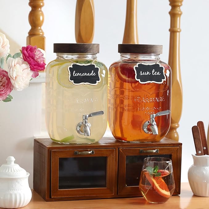 1 Gallon Glass Drink Dispenser with Stand, Juice Dispenser, Drink Dispensers for Parties, Glass Water Dispenser with Stainless Steel Spigot, Lemonade Dispenser, Set for 2